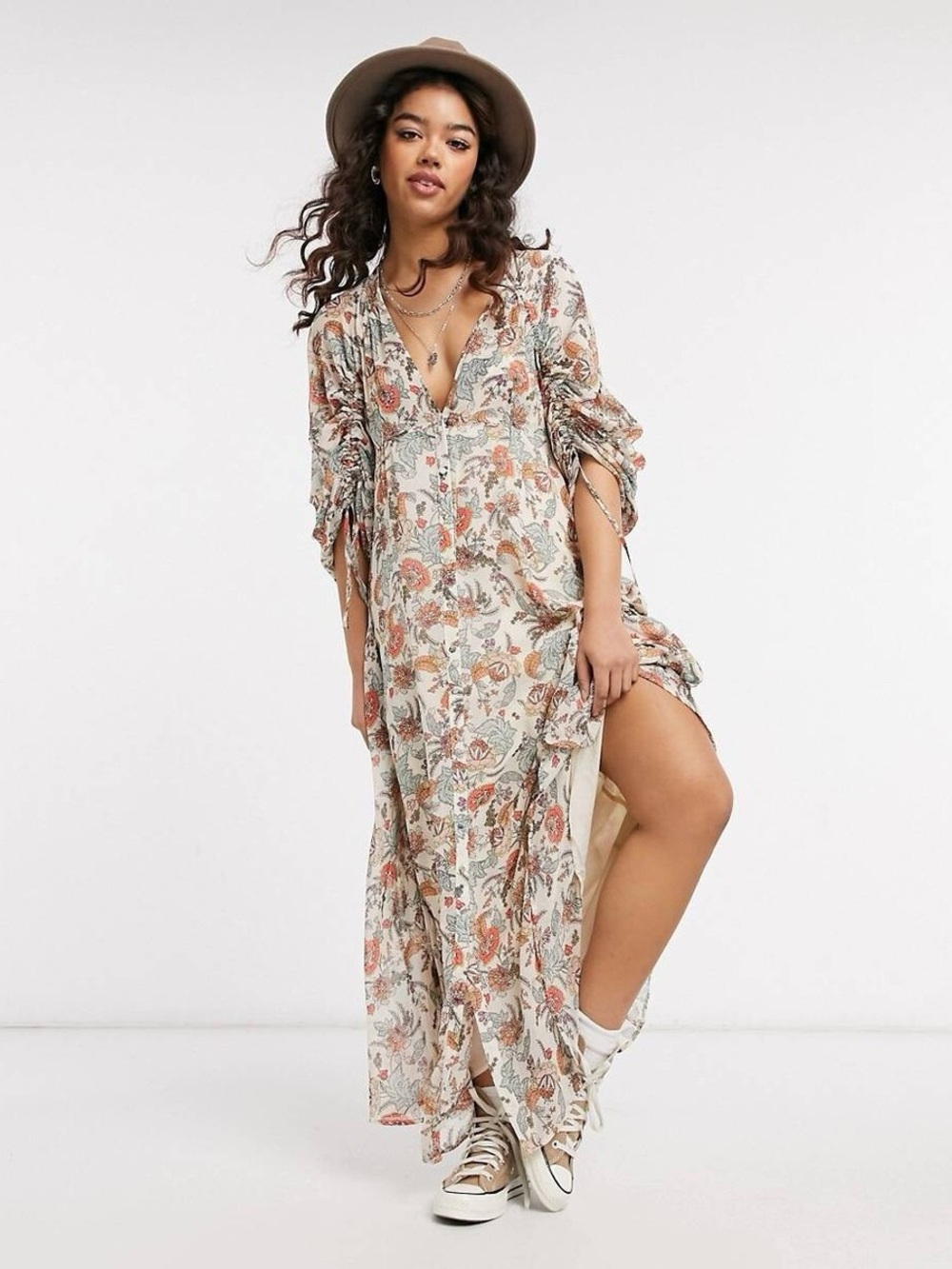 Free People Earthfolk maxi dress floral paisley cinch sleeve button front M